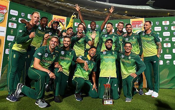The South African National Team celebrates their series win over Sri Lanka