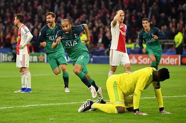 Moura wheels away to celebrate his hat-trick, sealing Spurs&#039; passage into the Champions League Final