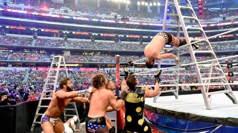 Sami Zayn going for a high dive at WrestleMania 32.