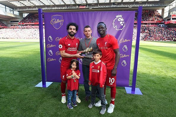 Mo Salah shares his trophy with Mane and Aubameyang