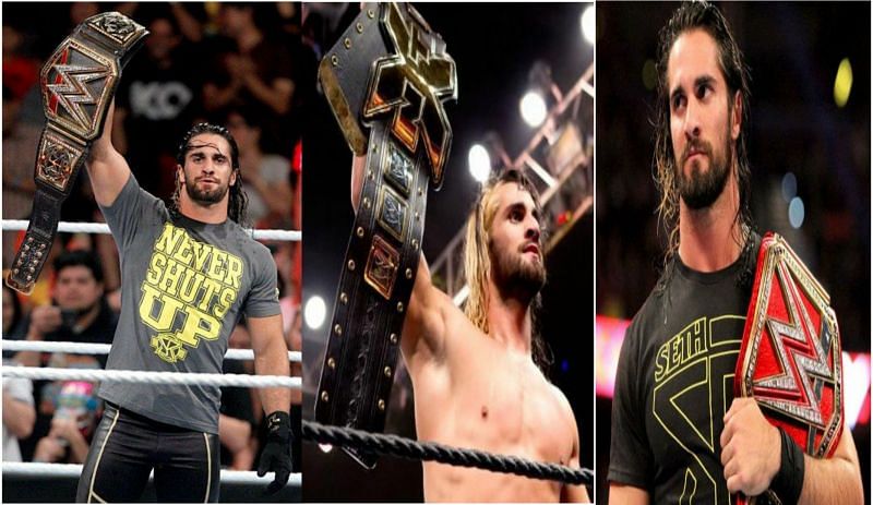 Seth Rollins with the WWE , NXT and Universal Championship