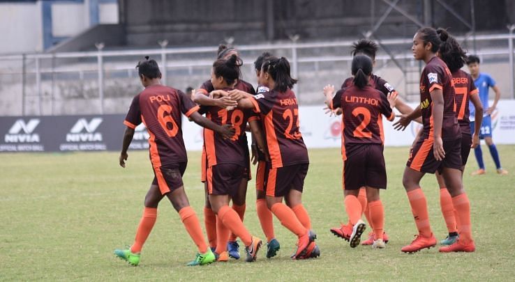 Gokulam Kerala players celebrate a goal against Hans Women FC in the IWL