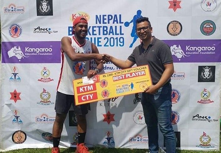 Saurav Shrestha (L) netted 50 points as his side Budhanilkantha Municipality Basketball Club defeated Kirtipur Basketball Club