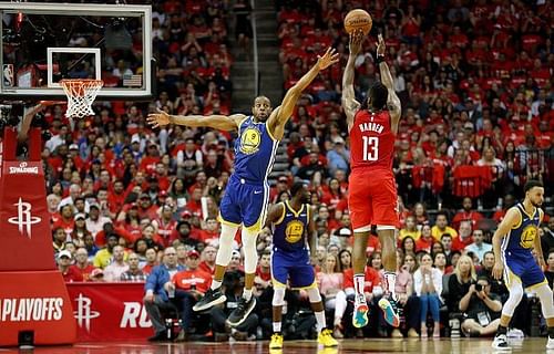 James Harden hit the dagger three over Andre Iguodala to give the Rockets the win