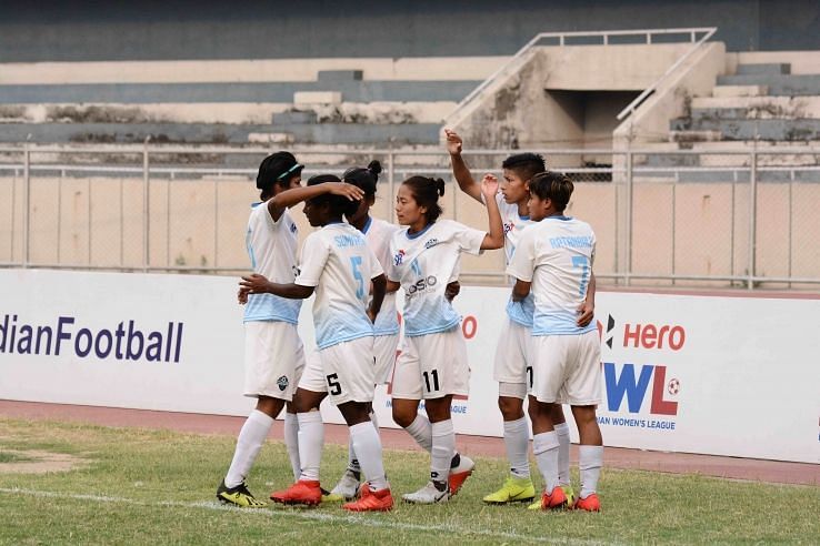 Sethu FC players celebrate Sabitra Bhandari&#039;s goal against Manipur Police in the Hero IWL Final