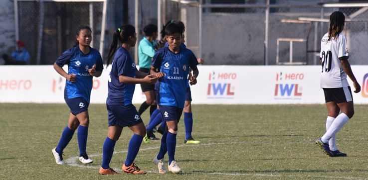 Manipur Police Players celebrate a goal against FC Kolhapur City in the IWL