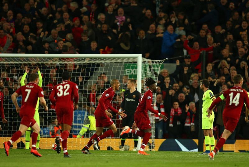 Liverpool players celebrating the 4th goal against Barcelona