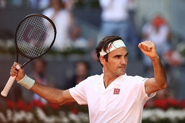 Federer reacts after his hard-fought win over Gael Monfils at the Mutua Madrid Open 2019