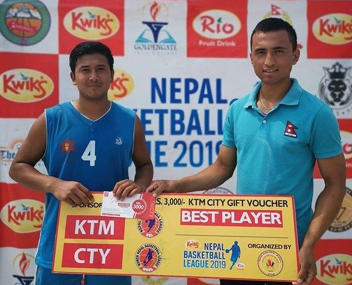 Ayush Singh (L) has been declared man of the match for the third time in the Nepal Basketball League 2019