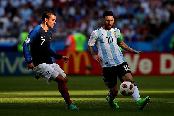 The talismanic Frenchman chases down Lionel Messi at the 2018 FIFA World Cup Russia.