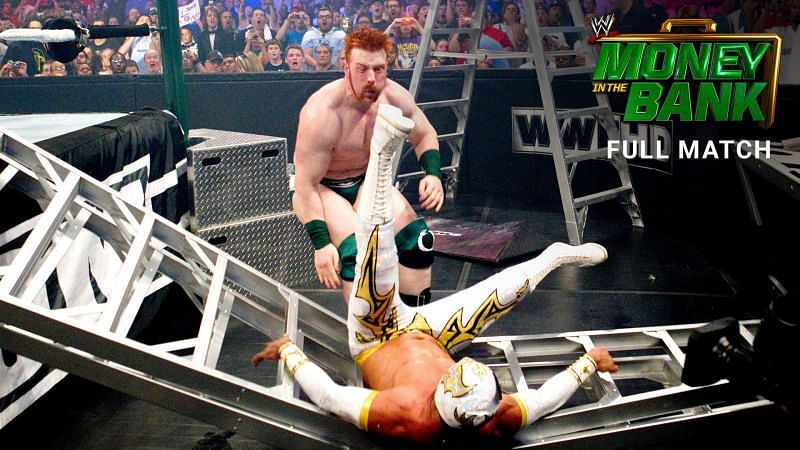 Sheamus devastates Sin Cara with a powerbomb through a ladder.