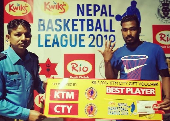 Saurav Shrestha (R) was adjudged Man of the Match for the fifth time in the Nepal Basketball League 2019