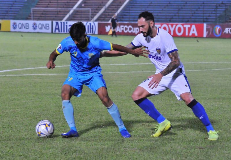 Chennaiyin FC&#039;s Eli Sabia (R) and Mohammad Nabib (L) in the 2019 AFC Cup at the Bangabandhu National Stadium in Dhaka