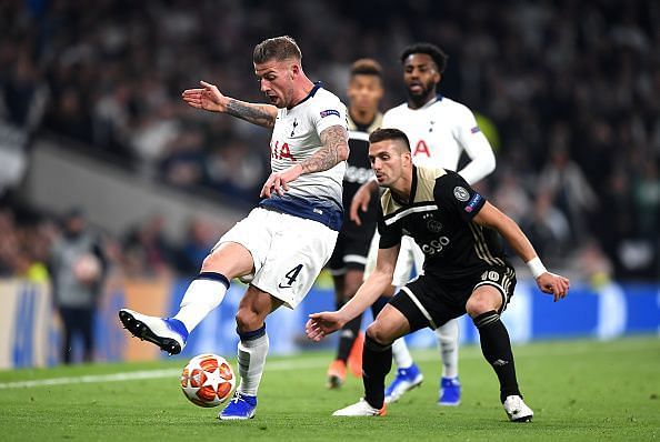 Alderweireld in possession against his former side, where he was reliable as ever at the back
