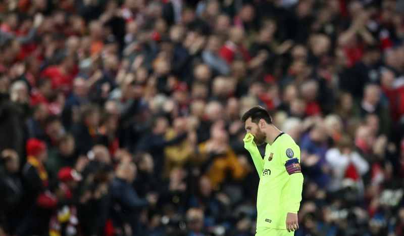 Lionel Messi looking completely dejected after the 4-0 loss against Liverpool