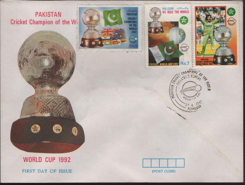 A First Day Cover with three stamps from Pakistan to celebrate 1992 Cricket World cup victory