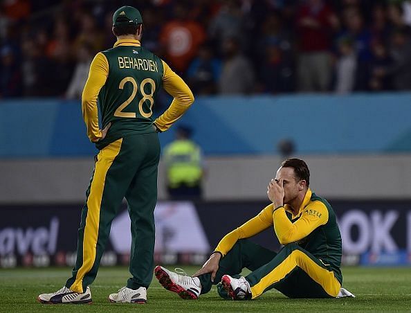 Faf du Plessis appears dejected after the loss to New Zealand in the semifinals of the 2015 World Cup