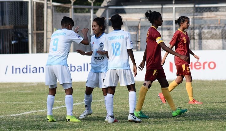 Sethu FC&#039;s Dangmei Grace celebrates with teammates after scoring against SSB Women in the IWL