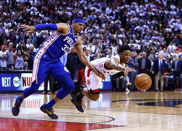 Tobias Harris and Kyle Lowry fighting for the ball