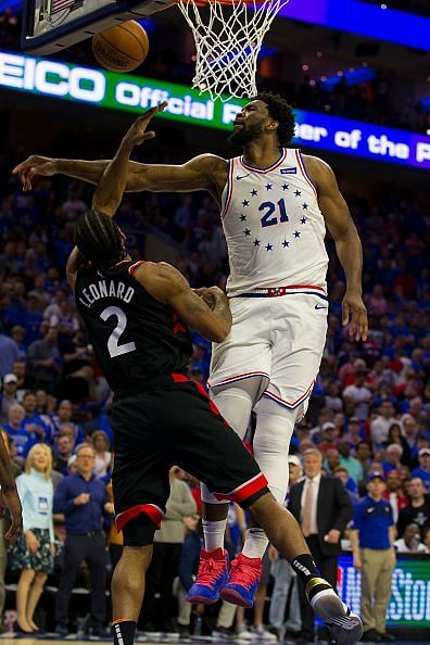 Joel Embiid blocking Kawhi Leonard