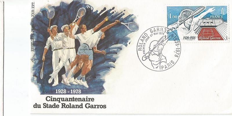 A stamp issued by France to commemorate 50 years of Stade Roland Garros.