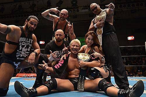 Bullet Club celebrating Yujiro Takahashi&#039;s Never Openweight Title win
