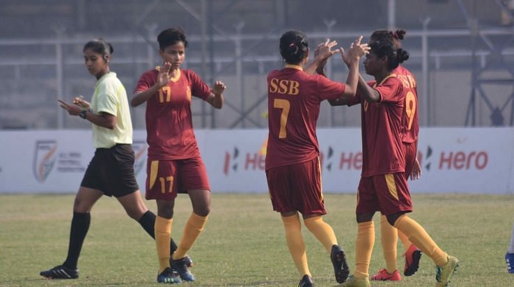 SSB Women celebrate a goal against FC Alakhpura in the IWL