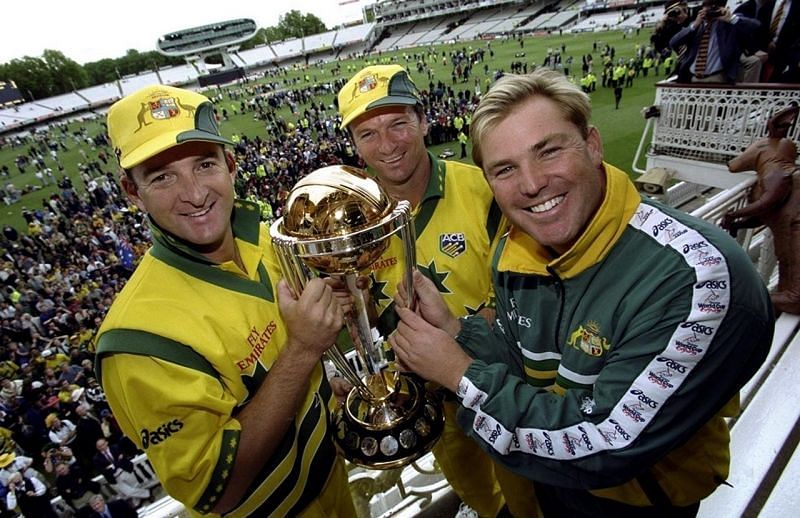 The Waugh Brothers celebrating alongside Shane Warne after winning the 1999 World Cup