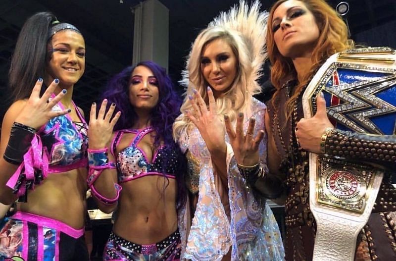 The Four Horsewomen of WWE--Bayley, Sasha Banks, Charlotte Flair, and Becky Lynch.