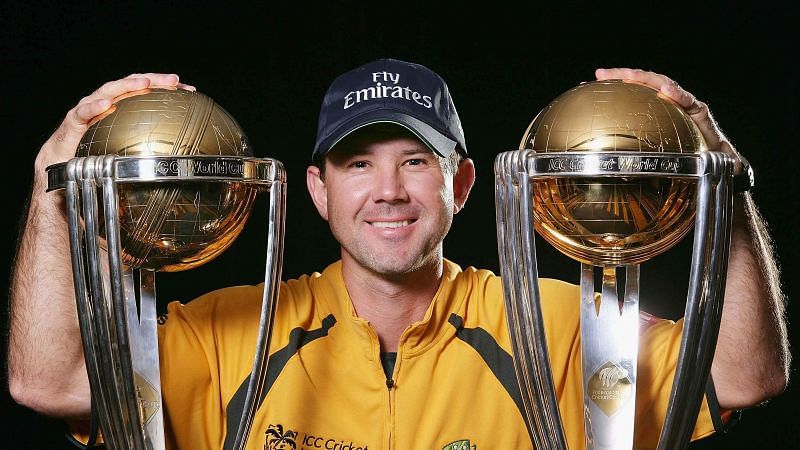 Ricky Ponting with the World Cups - 2003 and 2007
