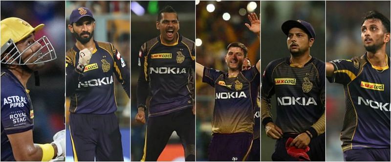 From left to right: Uthappa, Karthik, Narine, Gurney, Kuldeep, and Prasidh