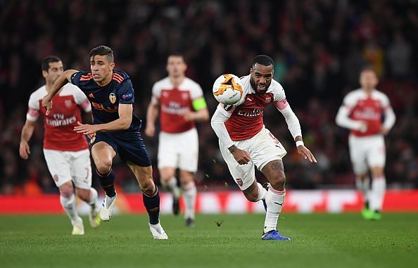 Alexandre Lacazette leads an Arsenal attack against Valencia