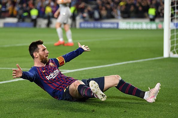 Messi celebrates goal after goal as he provides a brace for his team.
