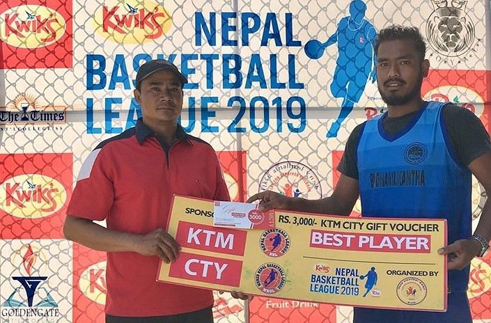 Saurav Shrestha (R) of Budhanilkantha was declared man of the match for his 39 points &amp; 11 rebounds &amp; 6 assists