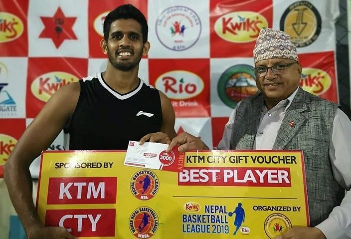 Sri Lankan import Praneeth Udumalagala (L) of Times Basketball Club was adjudged the Man of the Match