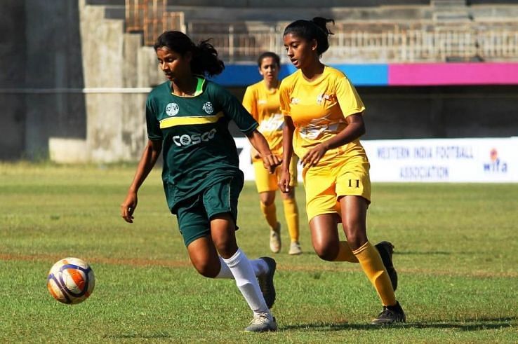 Action from the Junior Girls&#039; National Football Championship in Kolhapur