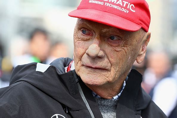 Niki Lauda at the Azerbaijan F1 Grand Prix wearing his famous red cap