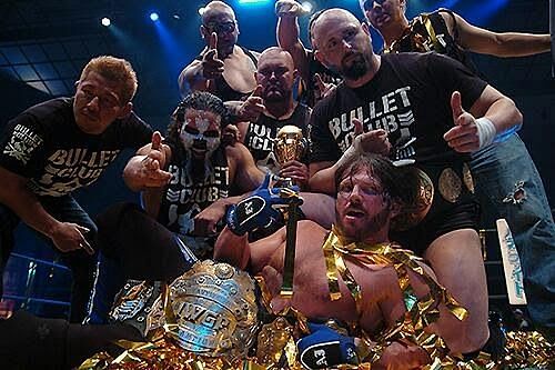 Bullet Club celebrating AJ Styles&#039; IWGP Heavyweight Title win