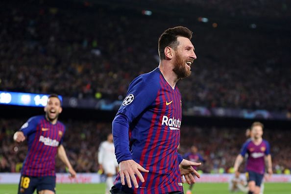Messi wheels away to celebrate the first of his well-taken brace against Liverpool in their UCL SF first leg