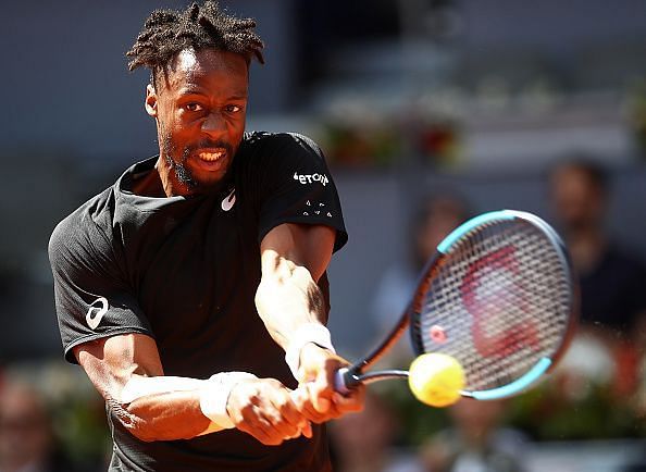 Monfils in action against Roger Federer at the Mutua Madrid Open their 3rd round match at the Mutua Madrid Open 2019