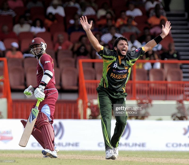 Shahid Afridi appeals for a wicket against West Indies