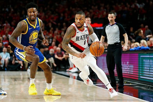 Portland Guard Damian Lillard in action against the Golden State Warriors