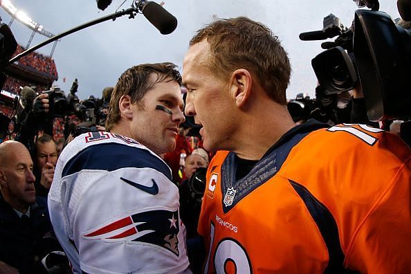 Tom Brady (L) and Peyton Manning (R) before the AFC Championship playoff