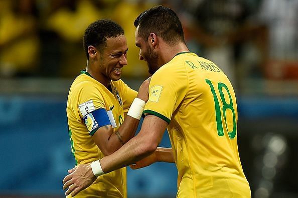 Neymar with Renato Augusto, his likely replacement in the Brazil squad for the upcoming Copa America