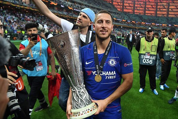 Hazard with the Europa League trophy