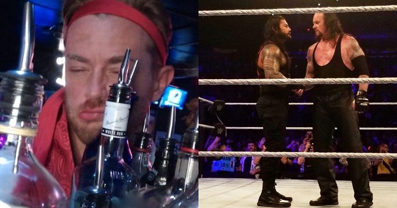 Drake Maverick at his wedding (L), Reigns and Undertaker after their tag team match at last year&#039;s MSG show (R)
