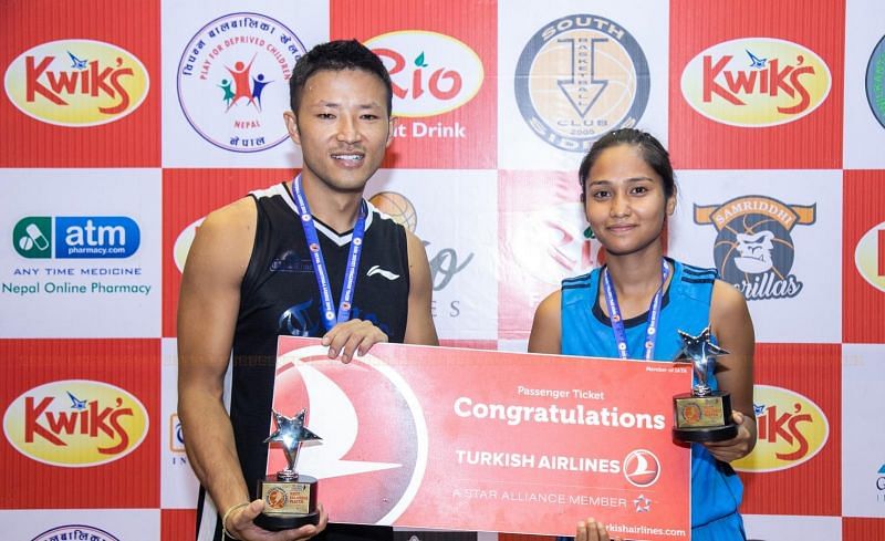 Sadish Pradhan (L) of Times International Club &amp; Anusha Malla (R) of Nepal Police Club were declared MVP of the Nepal Basketball League 2019