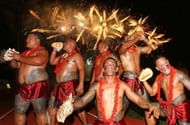 Samoan tribesmen performing a traditional dance.