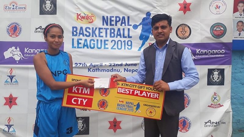 Anusha Malla (L) of Nepal Police Club was declared player of the match