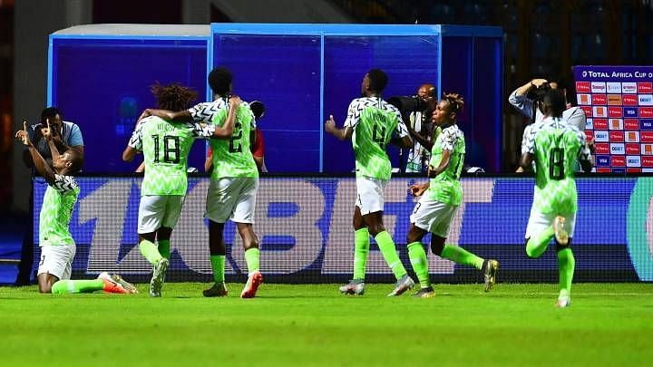 Nigeria celebrates their solitary goal against Guinea.